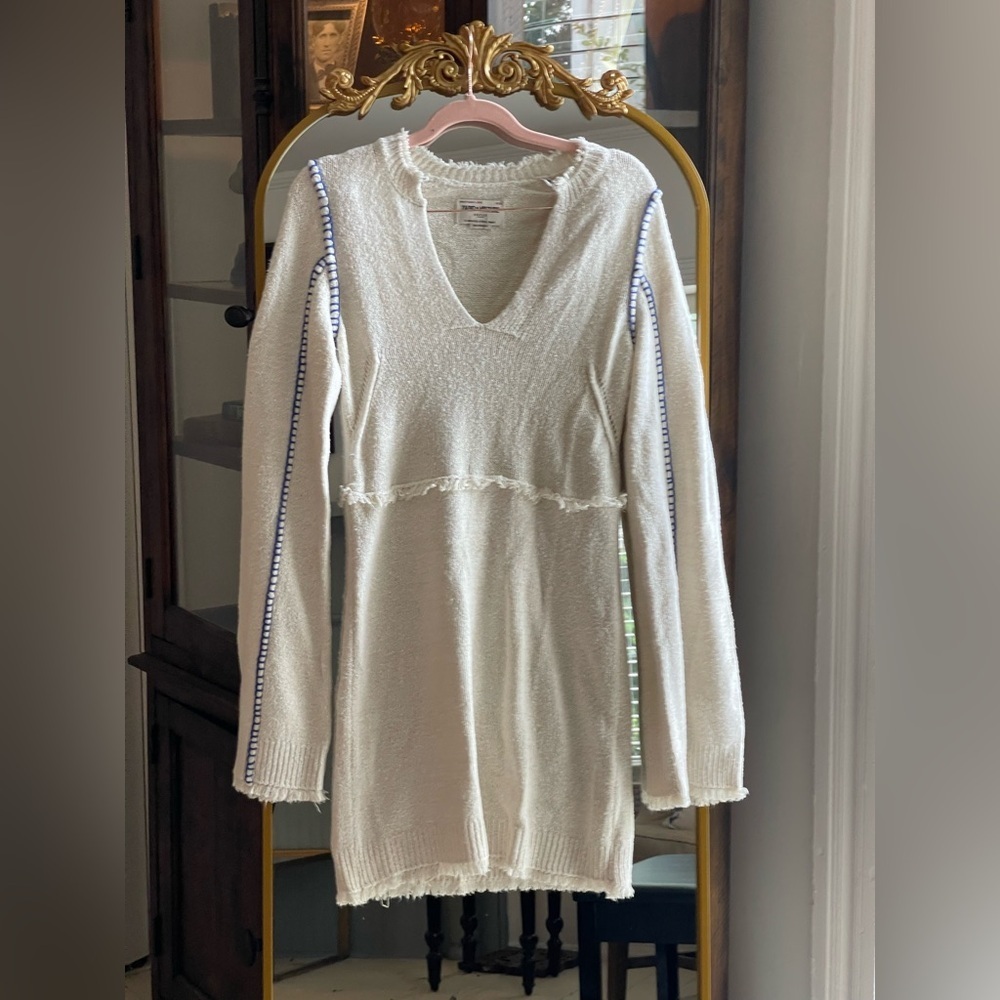 ZADIG & VOLTAIRE NWT Hiko Frayed Trim Silk Blend Ecru And Blue Minidress